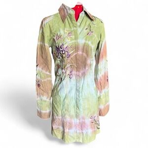 Cake Couture Vintage Embroidered Floral Tunic Dress Green Tie Dye Boho Small